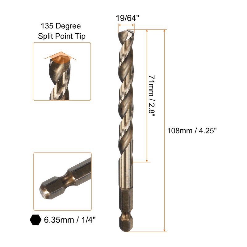sourcing map 10pcs 1/4" Hex Shank Drill Bit 19/64" Gold