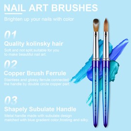 Shine Chance Acrylic Nail Brush Size 8, 100% Pure Kolinsky 3D Art Nail Brush with Gradient Blue Handle, Art Design Powder Nail Brush Pen for Nails Extension & Carving, Acrylic Application Tools