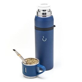 BALIBETOV Camping Thermos Flask Mate Tea Set - Contains Vacuum Insulated with Double 18/8 Stainless Steel Mate Tea Cup and Thermos Flask, Bombilla (Mate Straw) and a Cleaning Brush (Blue)