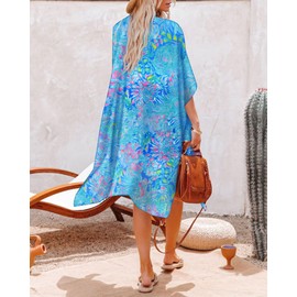 Hibluco Women's Long Floral Kimono Printed Cardigan Sheer Swimsuit Cover Ups