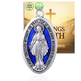 HALUKAKAH Italian Designed Silver Miraculous Medal Pendant,Jewelry Making for Keychain or Necklace - Extra Large 4cm Silver Oxidized with Blue Enamel Accent - Catholic Jewelry,with Cross Card