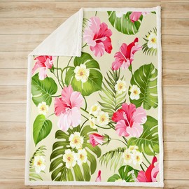 Feelyou Palm Leaves Fleece Throw Blanket Pink Floral Leaves Plush Blanket for Boys Girls Tropical Botanical Sherpa Blanket Nature Plants Fuzzy Blanket for Sofa Bed Couch,40x50 Inches