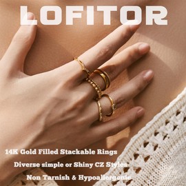 LOFITOR 6PCS Stackable Gold Rings for Women Non Tarnish Trendy Dainty 14K Gold Filled Stacking Cubic Zirconia Thumb Ring Set Pack Statement Chunky Band Rings Promise Engagement Rings Elegant Size6