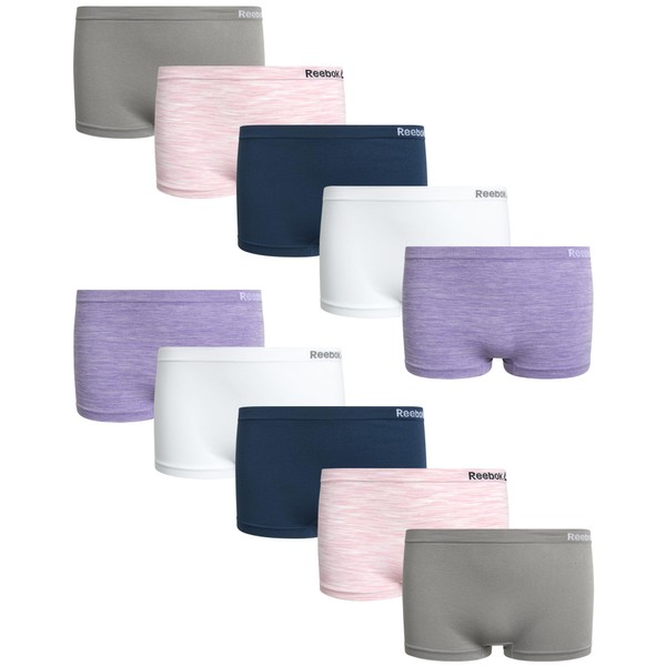 Reebok Girls' Underwear - Seamless Boyshort Panties (10 Pack), Size Medium, Sharkskin/Marble Pink/Navy/White/Violet