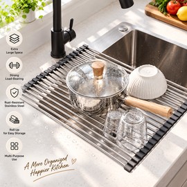 Roll-Up Stainless Steel Sink Drying Rack for Kitchen Counter Space – Foldable Over-Sink Dish Drainer for Dishes & Produce