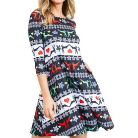 Women's 2X Christmas Lights Dresses with Pockets Plus Size 3/4 Sleeves Crew Neck Swing Dress Holiday Party Black