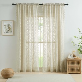 Bujasso Beige Sheer Lace Curtains 54 inch Farmhouse Short Curtain Panels for Kitchen Living Room Bedroom Elegant Light Filtering Beige Drapes Window Treatment Sets Rod Pocket 2 Panels 54" Wx54 L