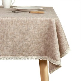 GLORY SEASON Linen Rustic Burlap Washable Tablecloth,Solid Heavy Weight Tan 55 x 94 Rectangle Overlay Lace Edge Table Cover for Kitchen Dinning Decoration