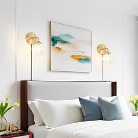 Gold Plug in Wall Sconces Set of 2, Mid Century Plug Sconce with Clear Globe Glass Lampshade, Brushed Art Deco Wall Light Fixture with Plug in Cord for Bedroom Living Room Hallway, G9 Bulbs