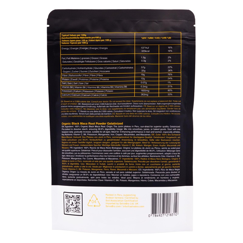 SelvaBio Black Maca Root Powder, Gelatinised, Certified Organic, Single Origin,