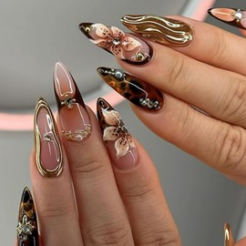 Jremg Brown Press on Nails Long Almond Fake Nails with Rhinestones Designs 3D Gold Texture False Nails Glossy Embossed Pearl Flowers Glue on Nails Reusable Stick on Nails for Women Nail Art 24Pcs