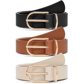 JASGOOD 3 Pack Womens Leather Belts for Jeans Dress Fashion Gold Buckle Ladies Leather Belt Black Brown Beige M