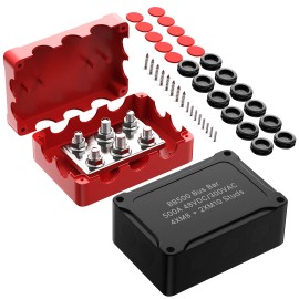 500A Marine Bus Bar Heavy Duty Power Distribution Block Waterproof Auto Battery Busbar Box with 4X5/16" (M8) +2X3/8" (M10) StudsRated Current: 500a, Rated Voltage: 12V