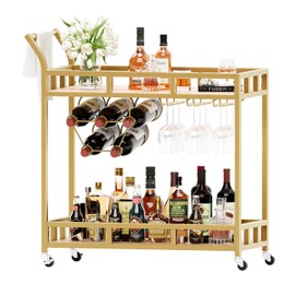 Furmax Bar Cart Home Industrial Mobile Bar Cart Serving Wine Cart on Wheels with Wine Rack and Glass Holder Storage Shelves, Cocktail Cart for The Home Kitchen Dining Party (Gold, 15"D x 31"W x 35"H)