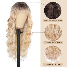 PORSMEER Long Wavy Curly Ombre Blonde Wigs with Fringe for Women Natural Synthetic Hair Heat Resistant Wigs for Ladies Daily Party Cosplay Wear-26 Inches,Blonde with Dark Roots