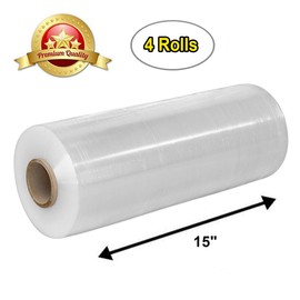 APQ 4 rolls of Cast Hand Stretch Film 15" x 1500'. Hand Stretch Wrap, 70 Gauge Thickness. Excellent Tear Resistance. Clear Residue Free Film for Moving, Shipping, Wrapping. Industrial Grade Cast Film.