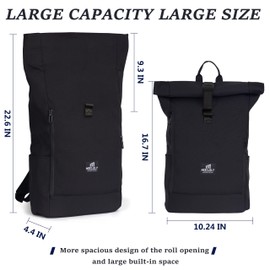 MOCLOLY Roll Top Backpack Womens & Mens, Waterproof Rolltop Backpack - Daypack fit 17 Inch Laptop Rucksack for Travel, Casual or Hiking - Black