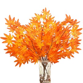 SNAIL GARDEN 4 Pcs Artificial Maple Leaves with Stem,Silk Maple Leaves Autumn Leaves,Fall Maple Leaves,Orange artificial maple branch for Home Fall Decor,Thanksgiving Day,Halloween Decoration