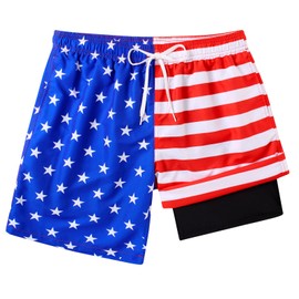 TUONROAD Men's Patriotic Swim Trunks Quick Dry Long Bathing Suit 2 in 1 9 Inch Inseam Board Shorts with Drawstring Independence Day Swimming Shorts Lightweight Matching XX-Large