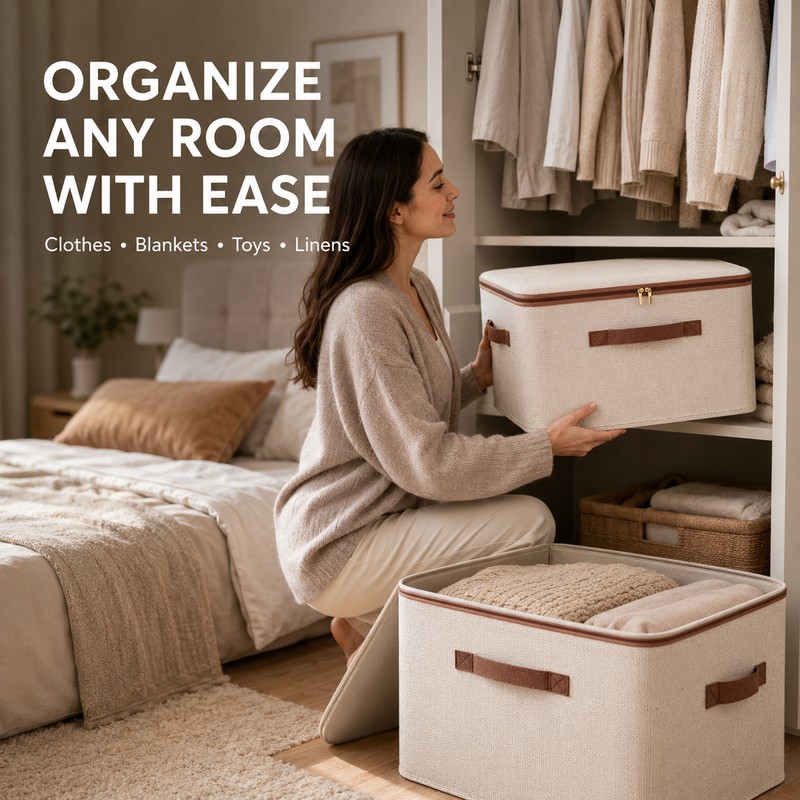 8L Cotton Linen Storage Box with Lid, Foldable Zipper Organizer
