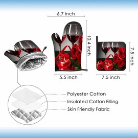 Samgula Red Wine Oven Mitts and Pot Holders Sets Roses Candles Romantic Love Heat Resistant 3pcs for Cooking Baking BBQ