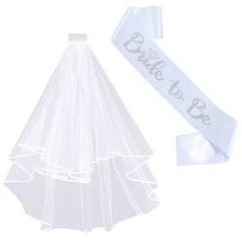 ROBOHOOK Bride to Be Sash and Veil,Bachelorette Party Sash for Bridal Shower,Soft and Comfortable,Bachelorette Parties or Engagement Parties 2-Piece Set(White Mesh+Silver Straps)