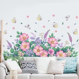 Pink Flower Wall Decals Floral Wall Stickers Flower Butterflies DIY Wallpaper Pink Flower Mural Removable Vinyl Wall Art for Girl Bedroom Kids Nursery