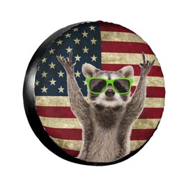 PVC Leather Spare Tire Covers for Trailers,Funny Raccoon Rock Flag USA Wheel Protectors Waterproof Sun Protection Universal Fit for Rv SUV Truck Camper Travel Accessories,14 inch