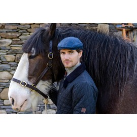 Mucros Weavers Irish Trinity Tweed Flat Cap for Men's Made in Ireland (Blue Herringbone, Small)