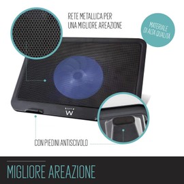 ewent Laptop and Notebook Fan (ELECTRONIC_DEVICE_COOLING_PAD) - Air Cooling up to 16'' PC Accessory, Silent, Non-slip, Tilted Design, Extra USB Port, Black