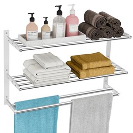 KLJKPA 24 Inch Towel Racks for Bathroom Wall-Mount, 3-Tier, Brushed Nickel | Towel Shelf with Double Towel Bar, Towel Holder, Towel Storage for Bathroom Lavatory, Stainless Steel, Space Saving