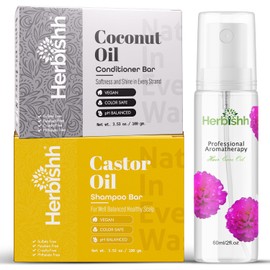 Herbishh Moisturizing Hair Care Set – Castor Oil Shampoo Bar + Coconut Conditioner Bar + Essential Flower Hair Oil 60ml – For Dry, Frizzy & Damaged Hair – Vegan & Long-Lasting Floral Fragrance