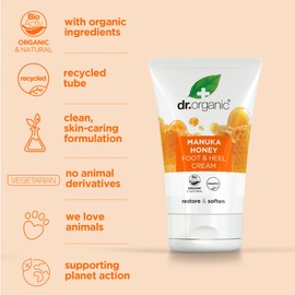 Dr Organic Manuka Honey Foot Cream, Moisturising, Dry Skin, Mens, Womens, Natural, Vegetarian, Cruelty-Free, Paraben & SLS-Free, Recycled & Recyclable, Organic, 125ml, Packaging may vary