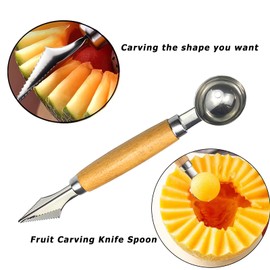 Melon Baller Scoop Stainless Steel Double-Ended Melon Baller Set with Wooden Handle, Fruit Carving Tools Fruit Cutter Shapes
