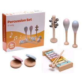 The colourful children's percussion set, children's instruments, 8 pieces, made of wood, consisting of glockenspiel, castanets, maracas etc. - for early musical education/orff instruments