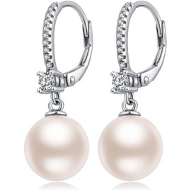 18 Carat White Gold-Plated Pearl Earrings Women's 10 mm Freshwater Pearls 925 Sterling Silver Jewellery Gift for Women, Silver, Pearl
