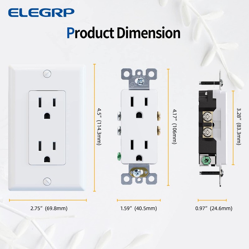 ELEGRP Glossy White Decorator Receptacle, 15A 125V Standard Electrical Wall