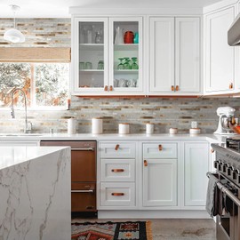 KASARO 1-Sheet Peel and Stick Backsplash Tiles for Kitchen, Marble Beige with Vintage Golden Embellished Stripes, Self-Adhesive Aluminum Wall Tile Stick on Bathroom, Fireplace, RV