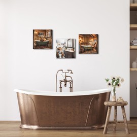 Visual Art Decor Funny Bathroom Highland Cow Wall Art,Rustic Farmhouse Bathroom Pictures Wall Decor Painting Western Restroom Toilet Decoration Framed 12x12 Inch, Set of 3 Pieces