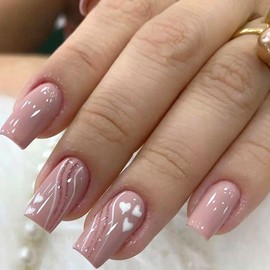 Press on Nails Medium Square Fake Nails with White Heart Lines Glitter Designs Valentines Glue on Nails Press ons Glossy False Nails For Women 24 Pcs