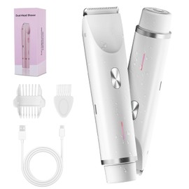 2-in-1 Bikini Trimmer for Women, Bikini Shaver with Dual Heads, Painless Body and Facial Hair Removal, Rechargeable Cordless Electric Razors for Face Chin Pubic Underarm Legs, White