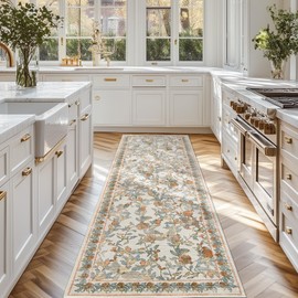 TOPICK Flower Runner Hallway Washable Kitchen Runner Short Pile Vintage Orange/Blue Romantic Rug 60 x 210 cm Antibacterial Foldable Non-Slip Thin Rug for Bridges Bedroom Living Room Hallway