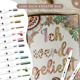 LEBENSKOMPASS® Metallic Dual Brush Pen Set with 12 Water-Based Colourful Colours for Shimmering Metallic Effects Brush Pens for Colouring Books, Hand Lettering, Calligraphy & Bullet Journal
