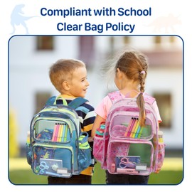 Bagseri Clear Backpack for Kids - 15 Inch Clear Bookbag for Boys Aged 3 to 8 Heavy Duty Transparent Backpack for School, Safe Reflective Strip, Cute Fabric Back Panel, Green Dinosaur