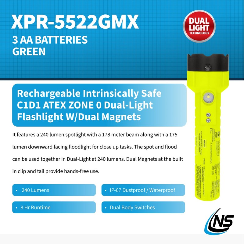 Nightstick XPR-5522GMX Intrinsically Safe Dual-Light Flashlight w/Magnets-Rechargeable-Green-UL913 / ATEX, Multicolor