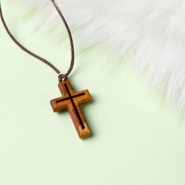 Fritz Cox Olive Wood Pendant for Hanging with Cord, Natural Olive Wood, Chain for Children, Girls, Boys, Women and Men (Engraved Cross)