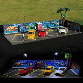 1/64 Display Case,Hotwheels Display Case,Scenic Diorama Display Car Park with LED Lights,Model Car Display Case for 5 Parking Spaces.