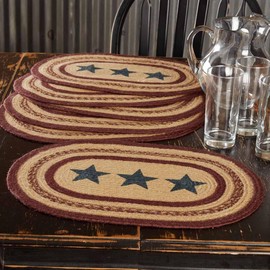 VHC Brands Potomac Jute Placemat Stencil Stars Burgundy Oval Textured Set of 6 12x18
