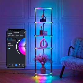 HOPEDAMAI Floor Lamp with Shelves Height Adjustable RGB Floor Lamp with Music Sync LED Corner Floor Lamp with Charging Stationl Dimmable and Timing Standing Lamp for Bedroom White 5-Tier