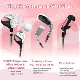 ULTIMATE Junior Complete Golf Club Set, 11-13 Years Old Kids Complete Golf Club Set w/300CC #1 Driver, #5 Hybrid, #7# 9#S Irons & Putter, Versatile Stand Bag, Kids Golf Stand Bag Set with Rain Hood